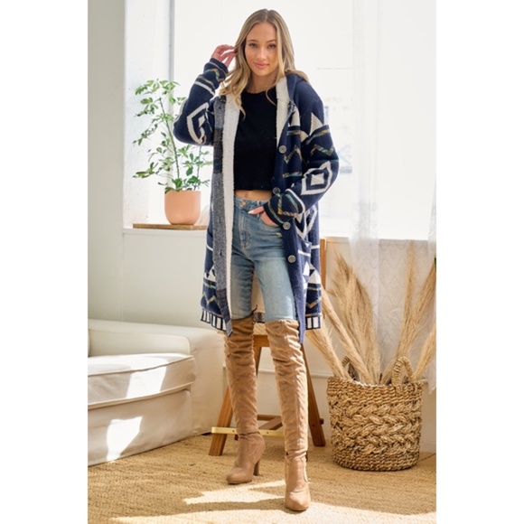 SOLD OUT Navy Rainbow Aztec Sherpa Lined Knit Button Hooded Cardigan Long Sleeve - Picture 3 of 7